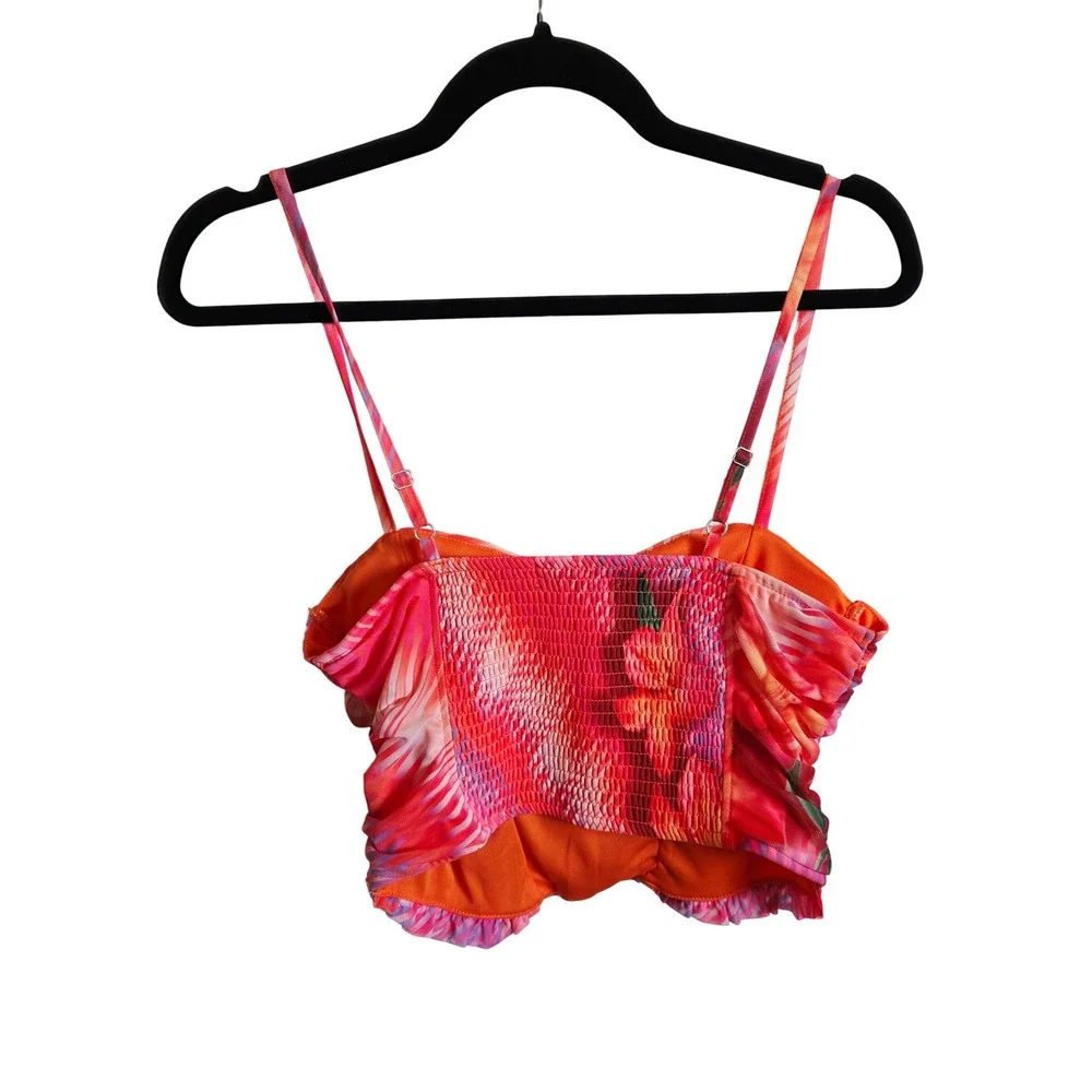 Madden NYC M Pink Orange Tropical Mesh Shirred Bustier Crop Top Medium NWT
